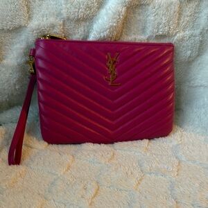 Saint Laurent Fuchsia Quilted Leather Wristlet Clutch with Gold YSL Accent